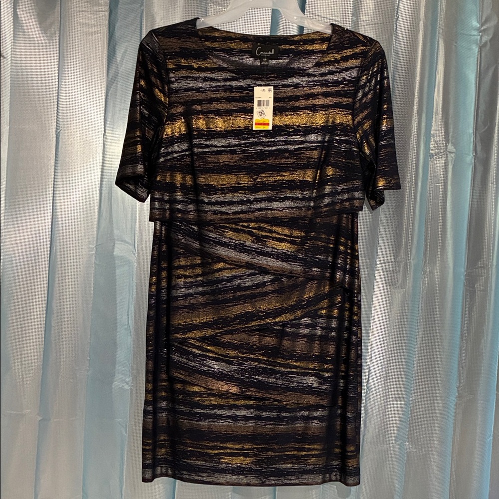 Connected Apparel Navy Blue and Gold Striped Mini Dress